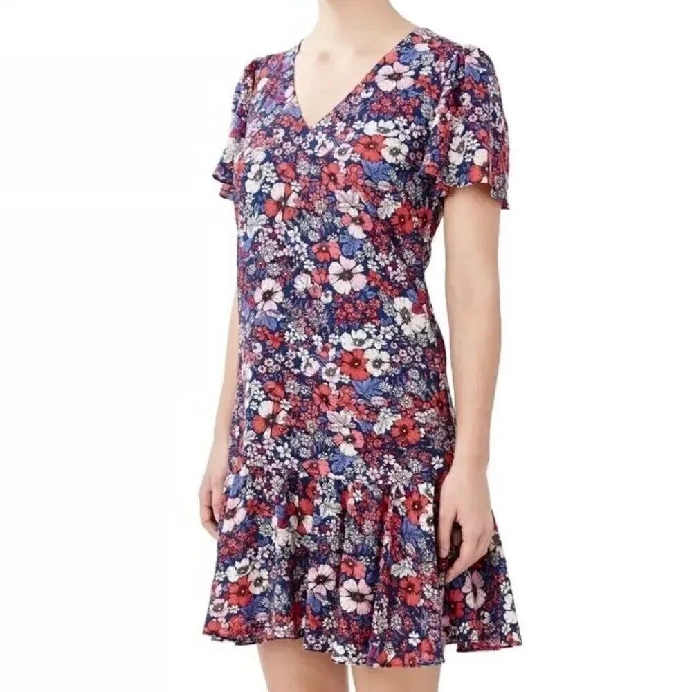 BCBG Paris Sz L Retro Floral Short Ruffle Short DressโV-Neck Lined Romantic Chic